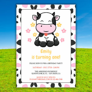 Cute Cow Print Rosa & Black Girly Födelsedagsfest Inbjudningar