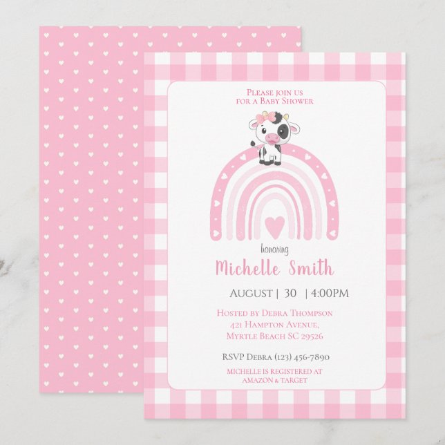 Cute Cow Rainbow Hearts Rosa Gingham Girls Inbjudningar (Fram/baksida)