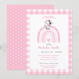 Cute Cow Rainbow Hearts Rosa Gingham Girls Inbjudningar