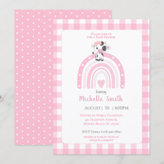Cute Cow Rainbow Hearts Rosa Gingham Girls Inbjudningar