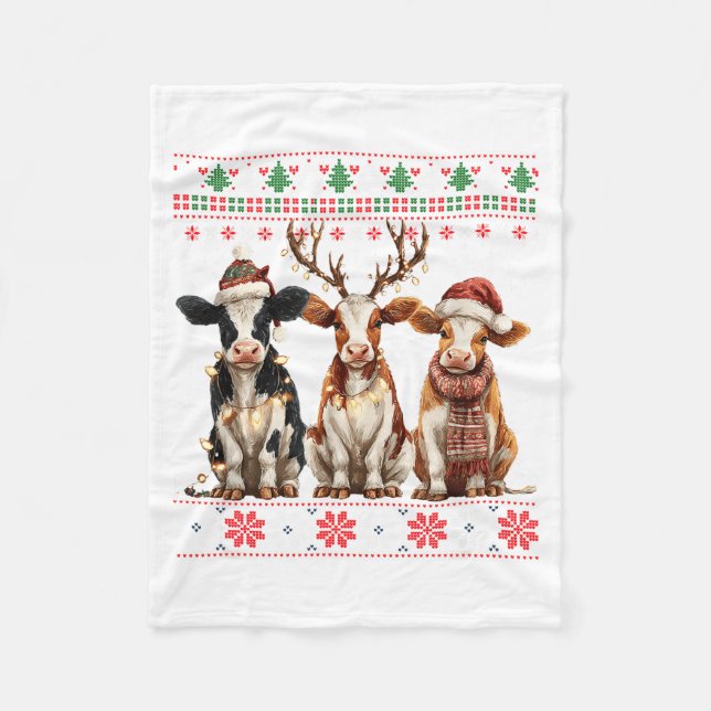 Cute Cow Santa Christmas Lights Ugly Xmas Sweater  Fleecefilt (Framsidan)
