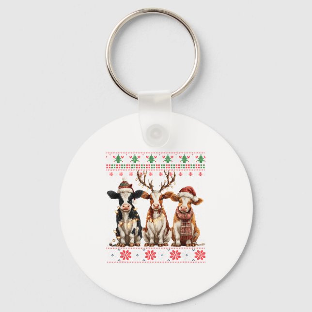 Cute Cow Santa Christmas Lights Ugly Xmas Sweater  Nyckelring (Framsida)