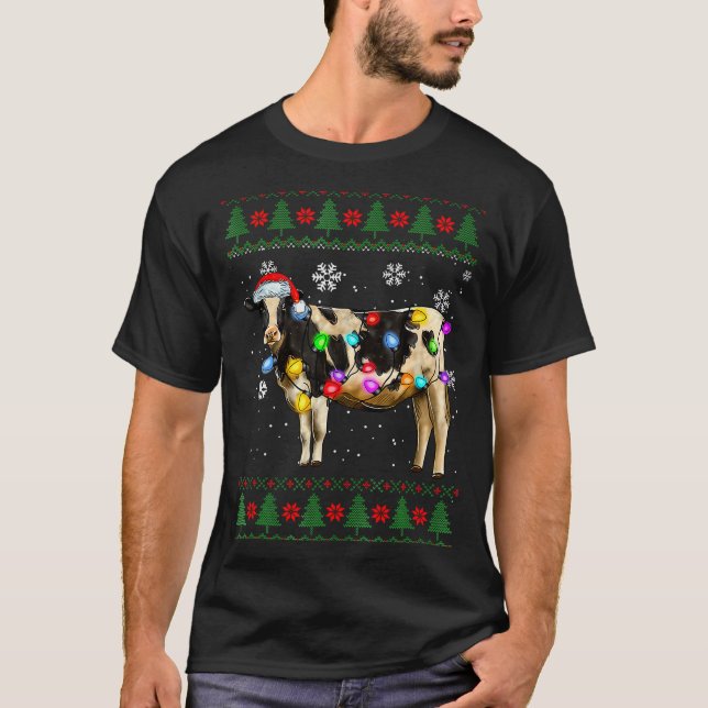 Cute Cow Santa Christmas Lights Ugly Xmas Sweater  T Shirt (Framsida)