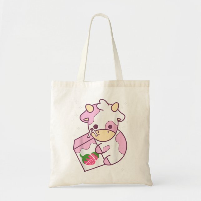 Cute Cow Strawberry Mjölk Kawaii Gift Tygkasse (Framsidan)