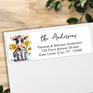 Cute Cow Sunblommor Farm Animal Returadress Etikett