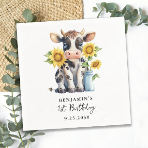 Cute Cow Sunblommor Modern enkel födelsedag för od Pappersservett