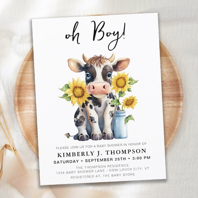 Cute Cow Sunblommor Modern Farm Animal Baby Shower Inbjudan Vykort (Skapare uppladdad)