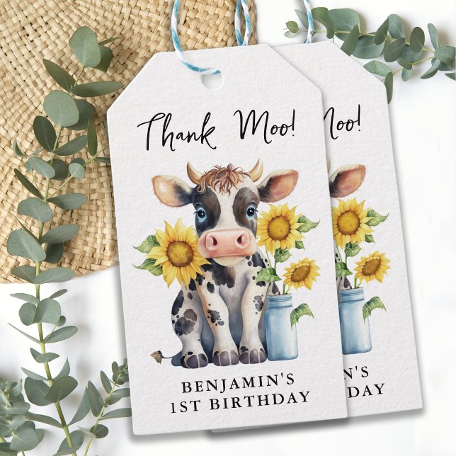 Cute Cow Sunblommor Modern tack och lov, måndag Presentetikett (Skapare uppladdad)