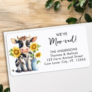 Cute Cow Sunblommor Vi har Moo-ved Flytta Adress Adressetikett