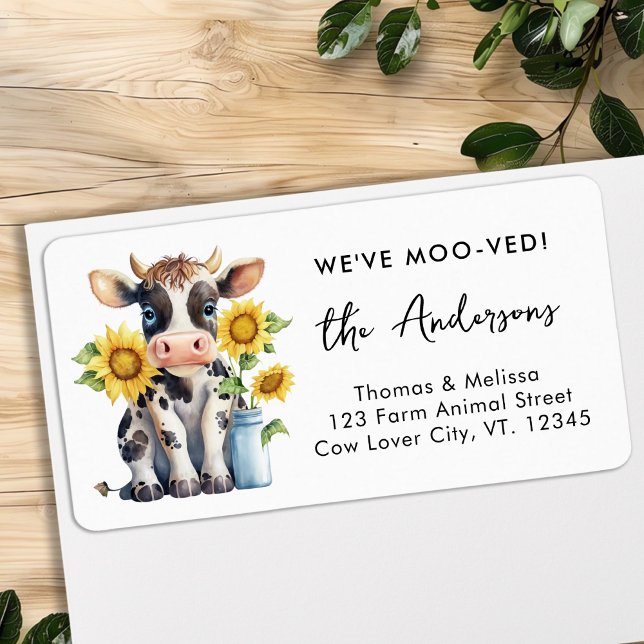 Cute Cow Sunblommor Vi har Moo-ved-Returadress Adressetikett (Skapare uppladdad)