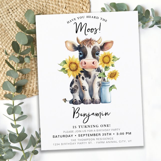 Cute Cow Sunrows Modern Farm Animal Birday Inbjudan Vykort (Skapare uppladdad)