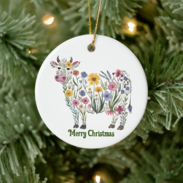 Cute Cow, Watercolor Wildblommor, Land, Blommigt Julgransprydnad Keramik