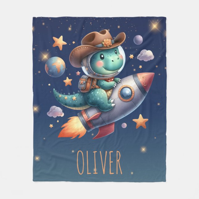 Cute Cowboy Astronaut Dinosaur Riding Space Rocket Fleecefilt (Framsidan)