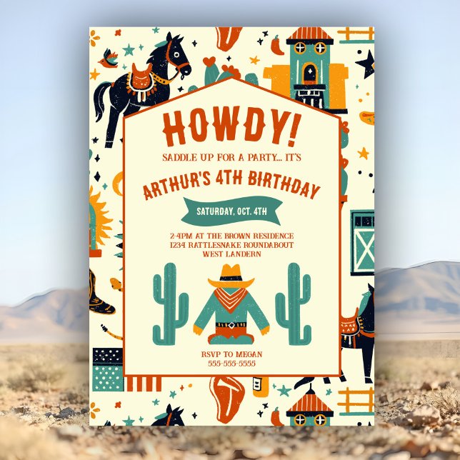 Cute Cowboy Barns födelsedag Whimsical Vild Wester Inbjudningar (Whimsical cowboy birthday invite with playful wild west art in trendy southwest desert colors.)