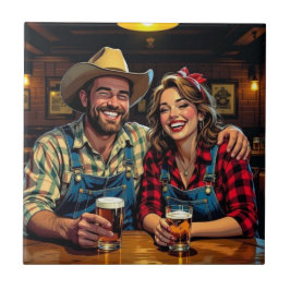 Cute Cowboy Country and Western Bar Couple Kakelplatta