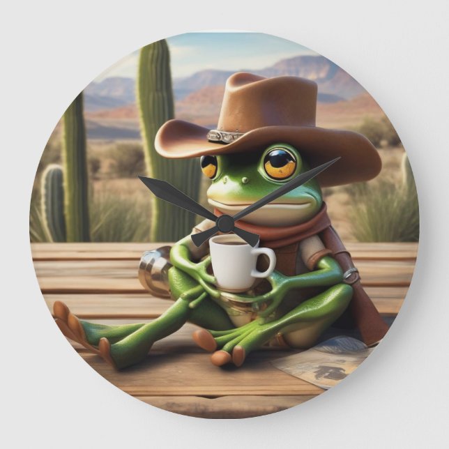 Cute Cowboy Frog med kaffe Clock Stor Klocka (Framsida)