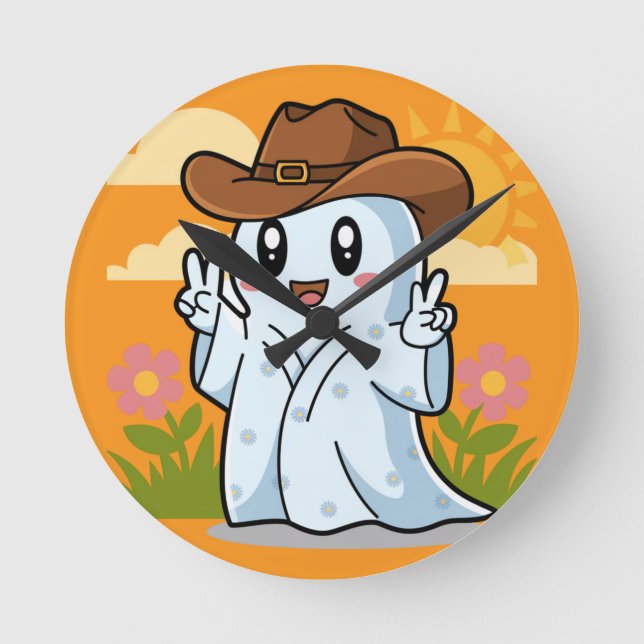 Cute Cowboy Ghost för Halloween Roligt Dekoration Rund Klocka (Framsida)