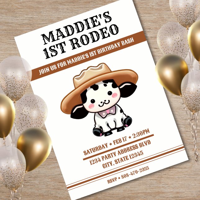 Cute Cowboy Hat 1:a födelsedagen Party Inbjudningar (Cute Cow Cowboy Hat 1st Birthday Party Invitation)