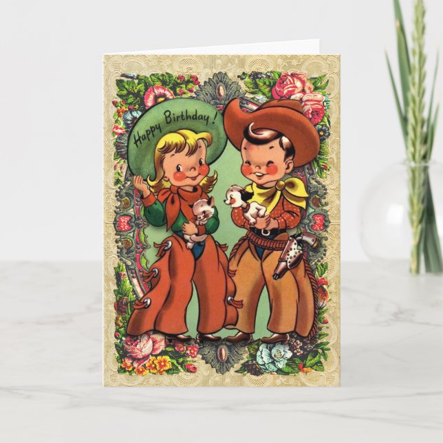 Cute Cowboy och Cowgirl Birthday Card Tack Kort (Framsida)