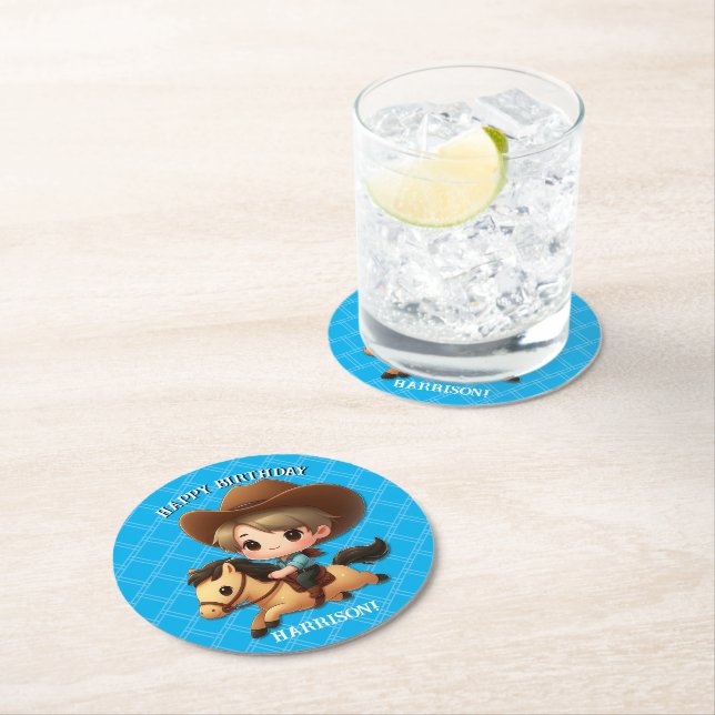 Cute Cowboy och Horse Western Birthday Underlägg Papper Rund (Insitu)