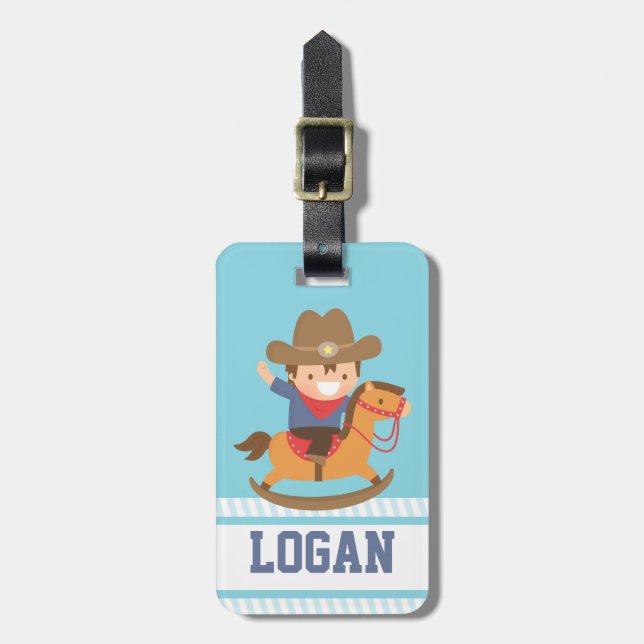 Cute Cowboy på Rocking Horse Personlig Bagagebricka (Vertikal Framsida)