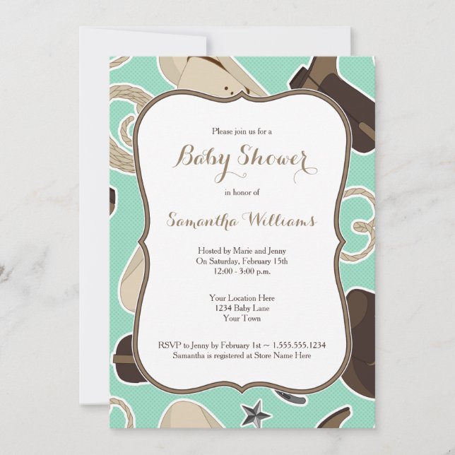 Cute Cowboy Theme Baby Shower Inbjudan Mint Brown (Framsida)
