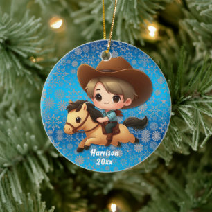 Cute Cowboyen och Horse Western Julgransprydnad Keramik