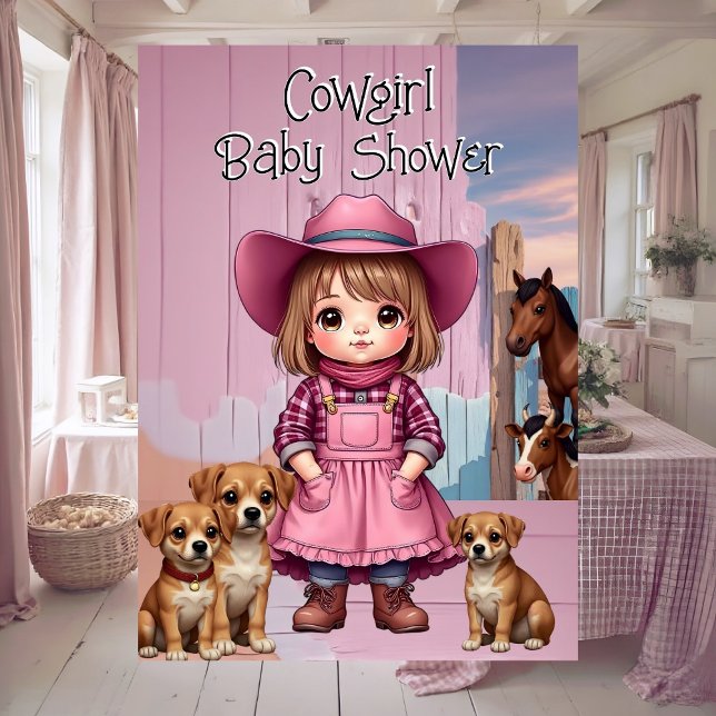 Cute Cowgirl Baby Shower Rosa Blue Animals Inbjudningar (Skapare uppladdad)