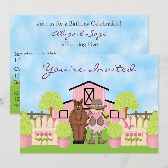 Cute Cowgirl, Brown Horse and Rosa Barn Birthday Inbjudningar (Fram/baksida)