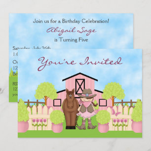 Cute Cowgirl, Brown Horse and Rosa Barn Birthday Inbjudningar