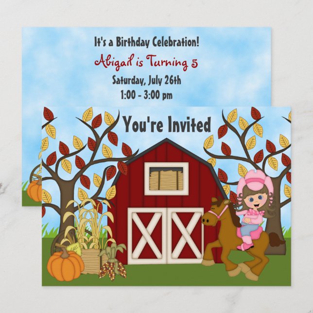 Cute Cowgirl, Horse and Barn Autumn Horse Birthday Inbjudningar (Fram/baksida)