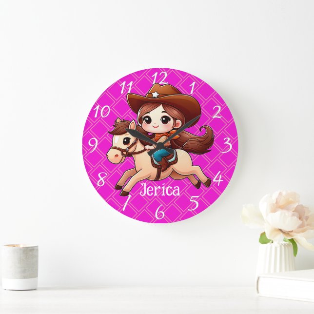 Cute Cowgirl och Horse Western Rosa Stor Klocka (Hem)