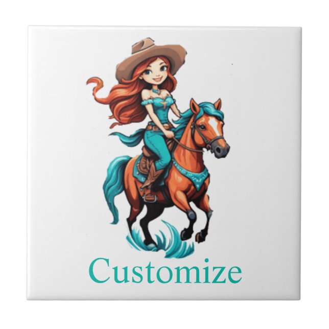 Cute Cowgirl Riding Pony Thunder_Cove Kakelplatta (Framsidan)