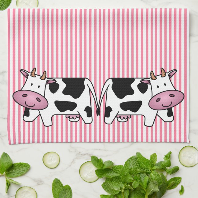 Cute Cows på Rosa Rand Kökshandduk (Vikta)