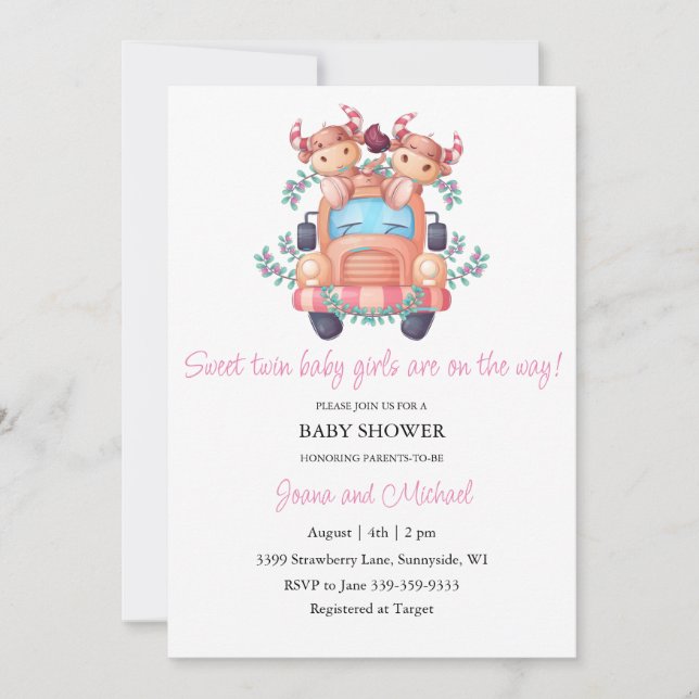 Cute Cows Rosa Car Twin Girls Baby Shower Inbjudningar (Framsida)