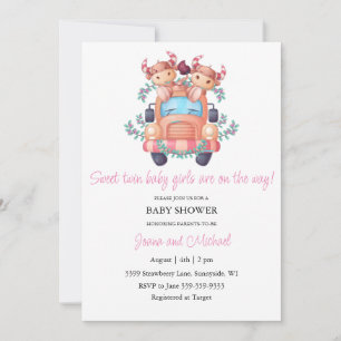 Cute Cows Rosa Car Twin Girls Baby Shower Inbjudningar