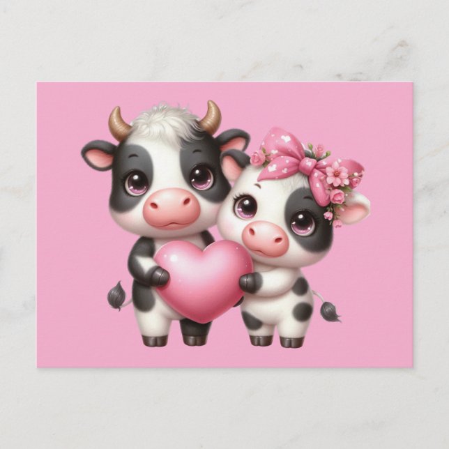 Cute Cows Rosa Heart Vykort (Framsida)
