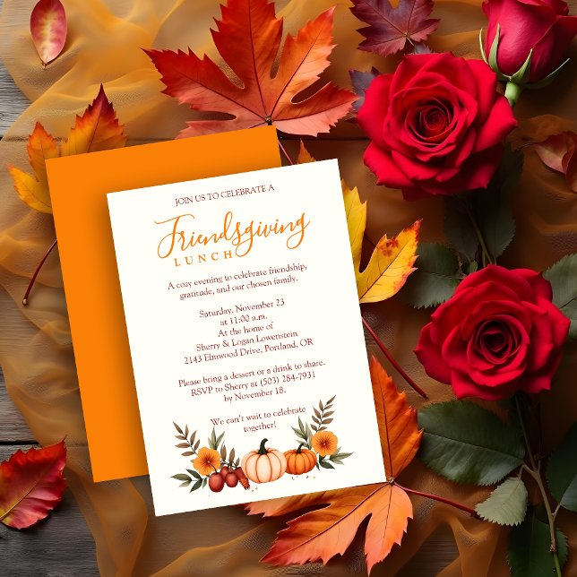 Cute Cozy Autumn Friendsgiving Pumpkins Inbjudningar (Cute Cozy Autumn Friendsgiving Thanksgiving Pumpkins Invitation Lunch Party Cards with Back Orange. )