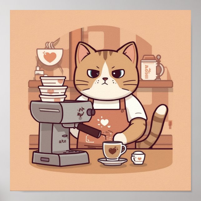 Cute Cozy Cartoon Barista Cat Poster (Framsidan)
