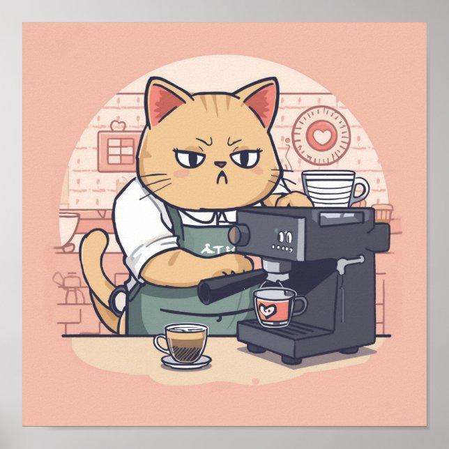 Cute Cozy Cartoon Barista Cat Poster (Framsidan)