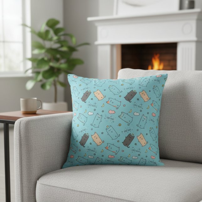 Cute & Cozy Sleepy Cat Dreams Pattern Kudde (Skapare uppladdad)