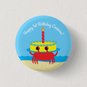 Cute Crab Beach 1:a födelsedag Party Knapp