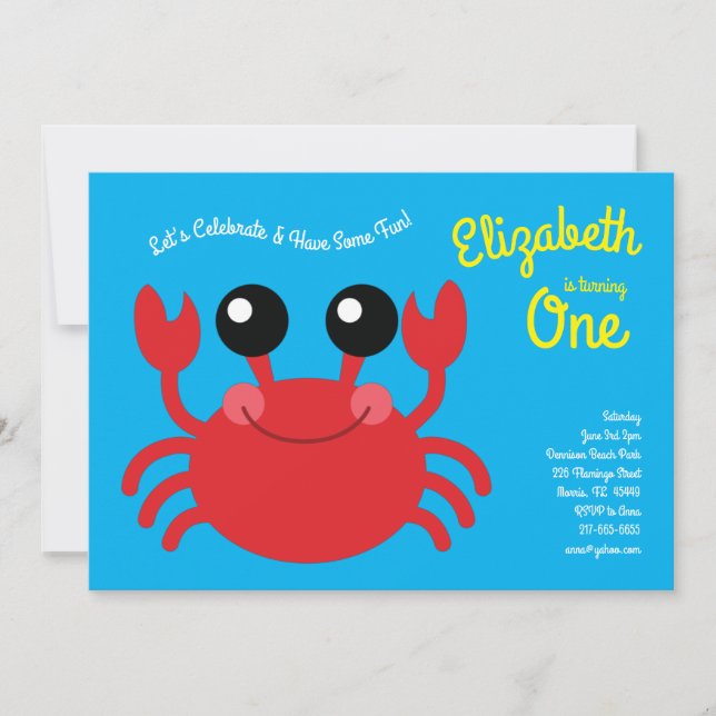 Cute Crab Beach Kids 1:a födelsedagen Party Inbjudningar (Framsida)