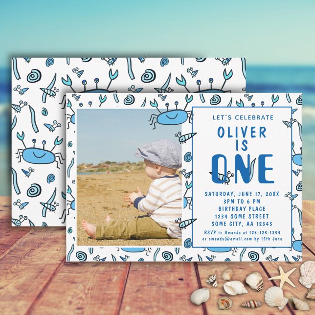 Cute Crab Sea Animals Snäcka Boy Photo 1st Birthda Inbjudningar (Skapare uppladdad)