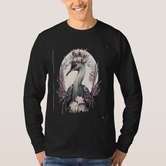 Cute Crane Bird Flower Crown Floral Birding T Shirt (Framsida)
