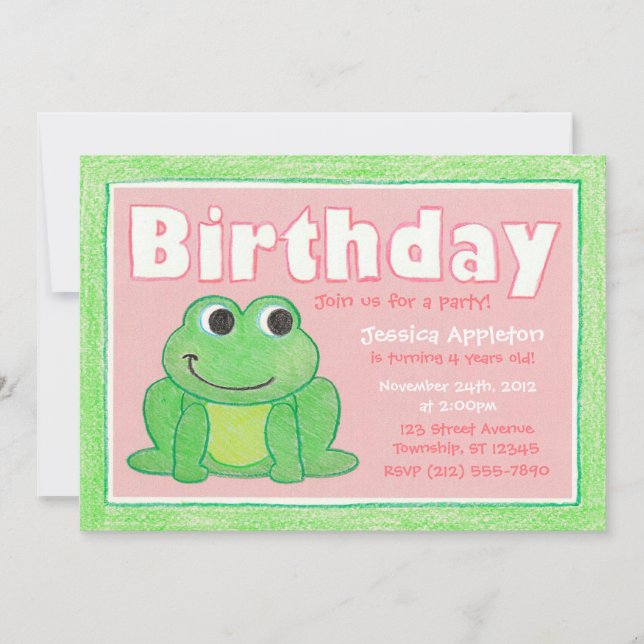 Cute Crayon Frog Little Girl's Birthday Investigat Inbjudningar (Framsida)