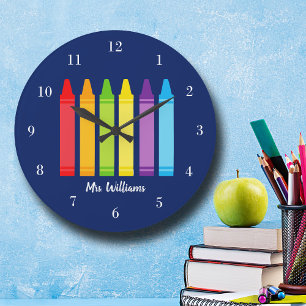 Cute Crayon Teacher Anpassningsbar Classroom Stor Klocka