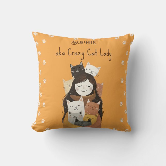 Cute Crazy Cat Dam Illustration med Namn Gult Kudde (Framsida)