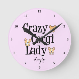 Cute Crazy Corgi Dam Personlig Rosa Rund Klocka