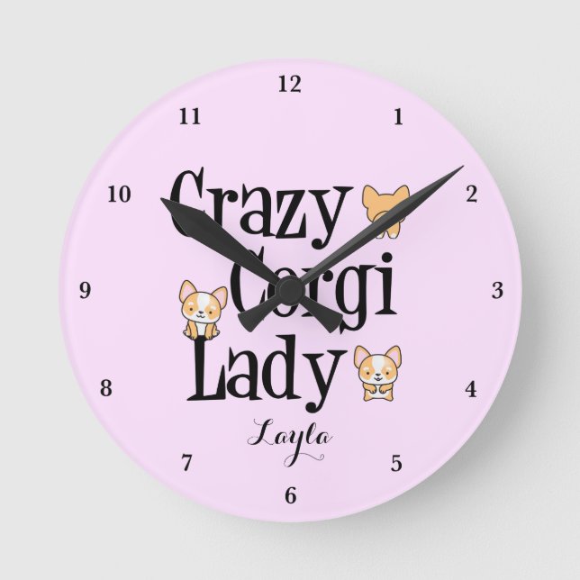 Cute Crazy Corgi Dam Personlig Rosa Rund Klocka (Framsida)